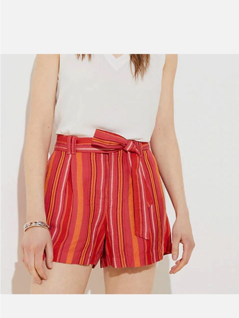 LOFT Linen Blend High Waist Vibrant Striped Paperbag Shorts with Tie Belt - Picture 14 of 14